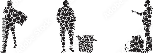 Black people silhouettes with objects made of circles, Abstract human mosaic silhouettes