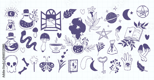 Magical Accessories Doodle Set. Isolated Magic witchcraft, fantasy, occult, whimsical Hand Drawing for Halloween, esoteric and scary Mystical design on Checkered Background. Vector illustration