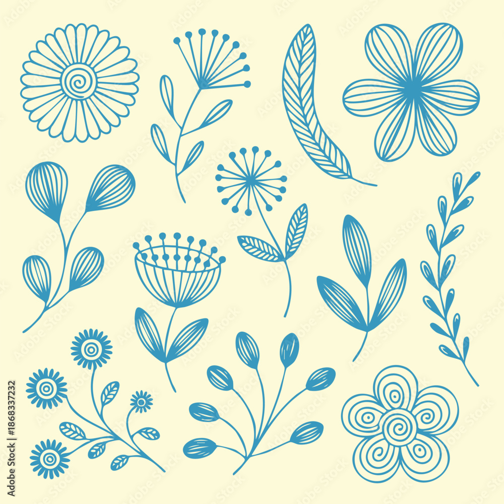 Fototapeta premium Hand-Drawn Floral & Botanical Elements Set | Folk Art Flower Illustrations