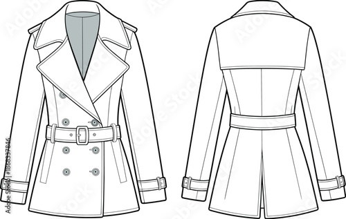 Women’s trench coat technical flat, belted double breasted fashion outerwear design template, stylish clothing vector illustration, front and back garment sketch