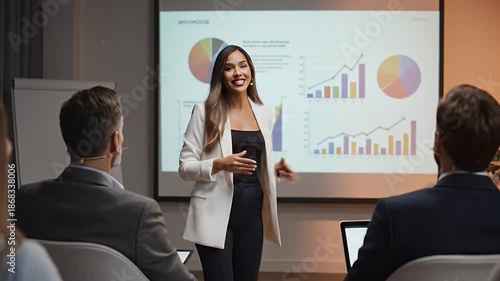 Business presentation woman presenting data analytics charts graphs financial report meeting teamwork success corporate training leadership skills growth strategy innovation