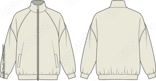 Zip jacket technical fashion flat sketch front back view raglan sleeve high neck casual apparel design vector cad illustration