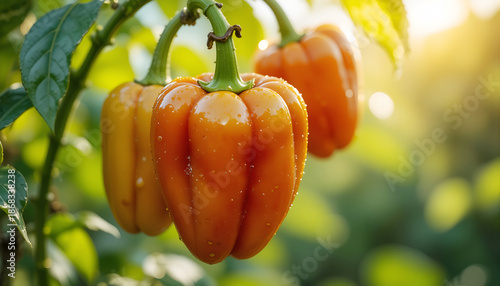 Vibrant orange bell peppers hanging on a lush green plant, glistening with dew in the warm sunlight, showcasing fresh produce in a natural garden setting