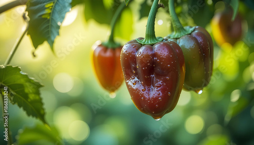 Fresh red and green bell peppers hanging on a plant, glistening with water droplets, surrounded by lush green foliage and soft sunlight creating a vibrant garden atmosphere