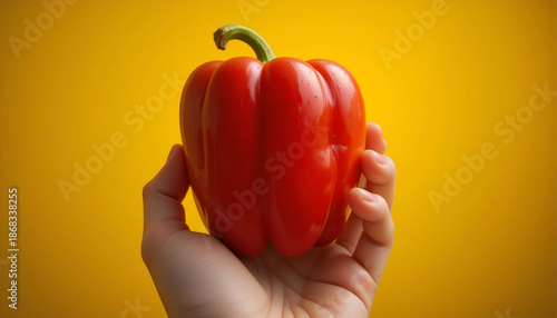 Bright red bell pepper held in a hand against a vibrant yellow background, showcasing fresh produce and healthy eating concepts in a visually appealing manner
