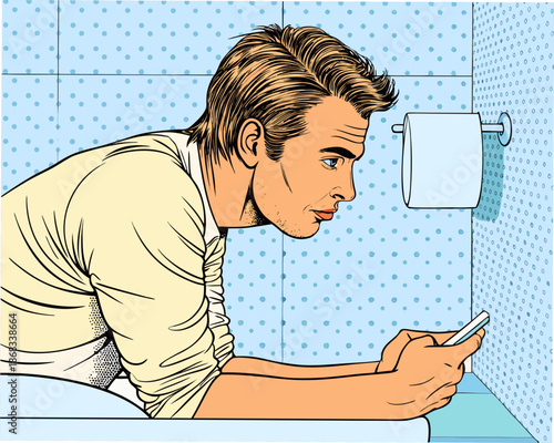 Man checking phone in bathroom with toilet paper roll nearby