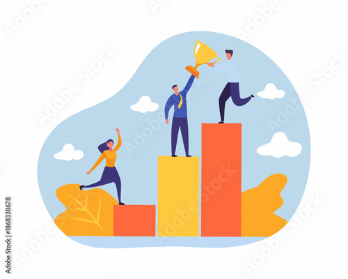 Business team celebrating success with trophy on colorful graph