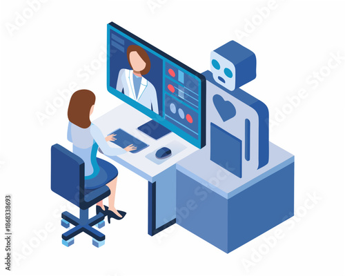 Businesswoman engaged in virtual consultation with robot assistant