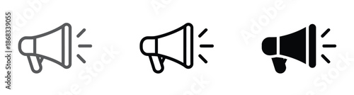 Megaphone loudspeaker icon collection representing promotion, alert and message broadcasting, vector communication symbols for mobile apps, social media graphics, websites, ui elements and branding de
