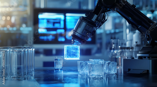 Robotic Arm Manipulating Crystalline Cube in Lab