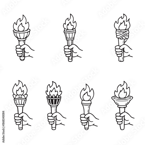  Set  flaming torch illustrations held by a hand with varied designs. Features distinct shapes and styles, ideal for symbols of hope or events.