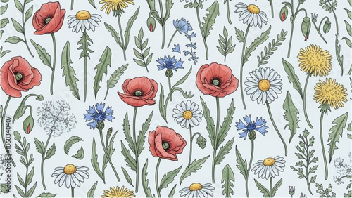 A vibrant floral pattern featuring poppies, daisies, and cornflowers in a lush garden setting from a top-down viewpoint