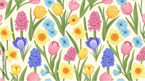Colorful floral pattern with various flowers and leaves on a light background