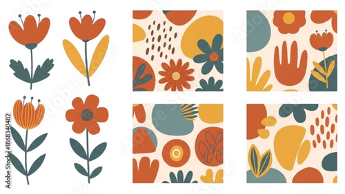 A vibrant collection of floral and abstract illustrations showcasing various shapes and colors