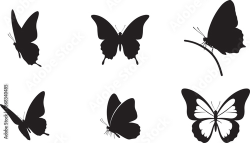 Elegant butterfly silhouettes in different shapes and perspectives including side views and spread wings on white background. , Generative Ai