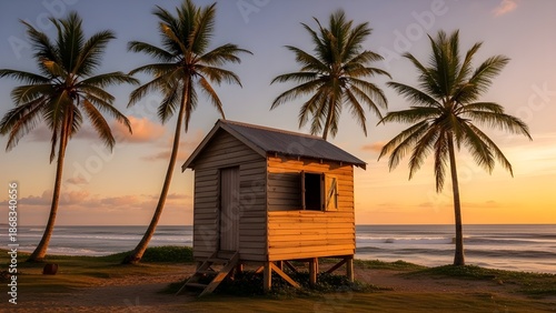 Small wooden beach hut surrounded by palm trees at sunset on a tropical island