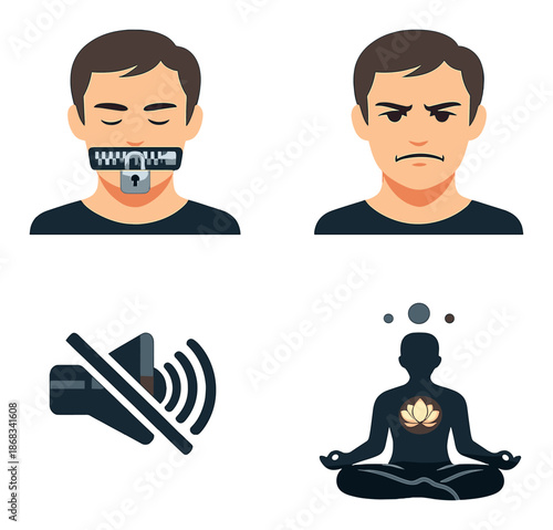 Male emotions and silence depicted through mindfulness and meditation icons