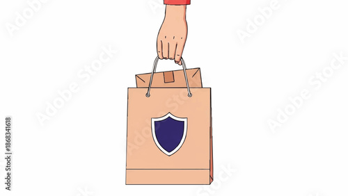 Hand holding shopping bags with security shield emblem.