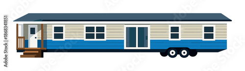 Modern blue and white mobile home with wooden steps and dual wheels