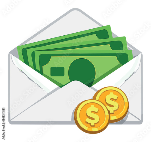 Envelope with cash and coins symbolizing financial transactions and money exchange