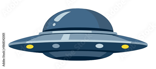 Futuristic ufo spaceship with glowing lights on grey background