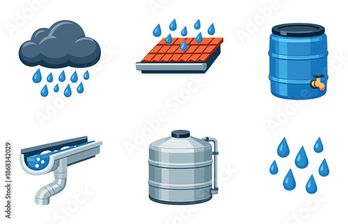 Animated rainwater collection icons with cloud, barrel, and tile roof elements