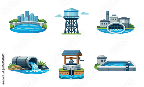 Set of cartoon water infrastructure icons: reservoir, tower, factory, sewer, well, pool