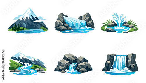 Set of cartoon waterfall landscapes with mountains, rocks, and rivers