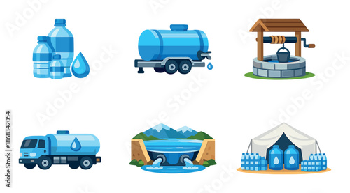 Water resources and distribution: bottles, tankers, wells, reservoirs, and containers