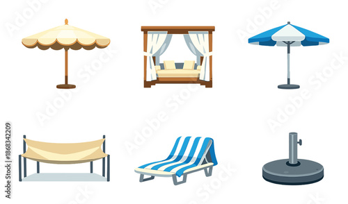 Collection of colorful outdoor furniture icons including umbrellas and loungers