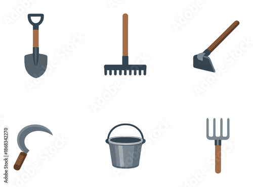 Illustrated set of gardening tools on dark background