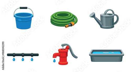 Colorful garden tools collection: bucket, hose, watering can, drip system, pump, trough