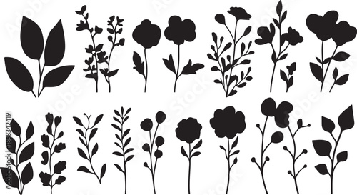 Vintage black floral vector silhouettes of a rose and butterfly set for nature art design elements or spring plant tattoo illustrations