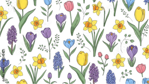 Vibrant floral pattern featuring tulips, daffodils, and hyacinths in a seamless illustration