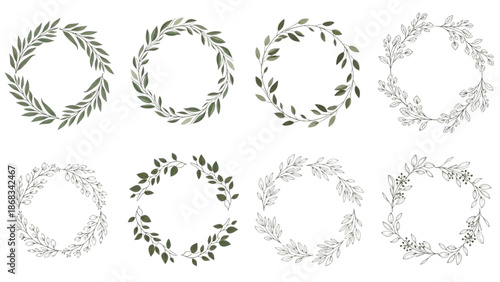 Collection of various laurel wreaths in different styles on a plain white background