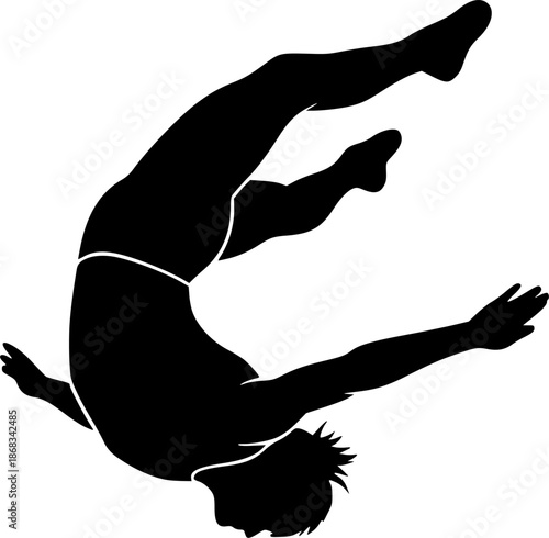 Tumbling Silhouette – Black Vector Illustration, Acrobat, Gymnastics, Mid-Air Pose, Dynamic Motion, Agility, Athletic Performance, Sports Action, Clipart, Editable Vector Design.
