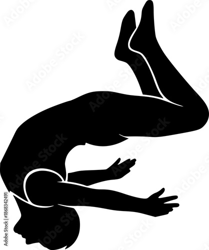 Tumbling Silhouette – Black Vector Illustration, Acrobat, Gymnastics, Mid-Air Pose, Dynamic Motion, Agility, Athletic Performance, Sports Action, Clipart, Editable Vector Design.

