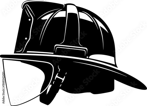 Firefighter Helmet Silhouette – Black Vector Illustration, Fireman Hat, Protective Headgear, Safety Equipment, Rescue, Emergency Service, Fire Department, Hero, Clipart, Editable Vector Design.
