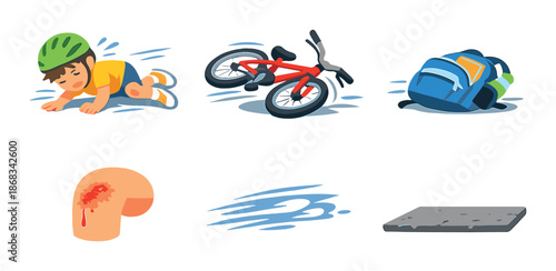 Asian male child bike accident safety helmet injury illustration