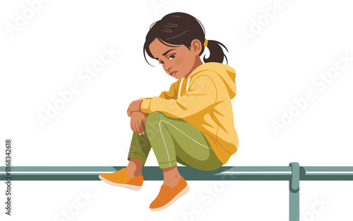 A young girl sits alone on a railing, lost in thought, wearing casual clothing and shoes, with a contemplative expression, viewed from the side.