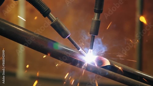 Wallpaper Mural Welding metal pipes together with sparks flying in an industrial setting Torontodigital.ca