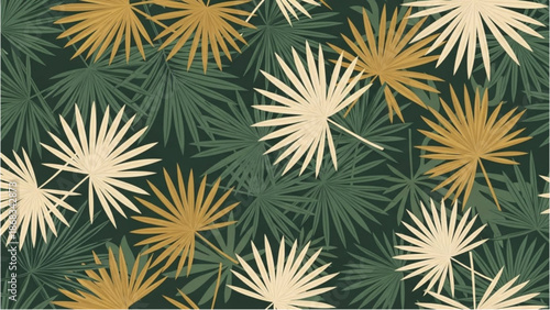 Aerial View of Tropical Leaves Pattern with Golden and Cream Accents