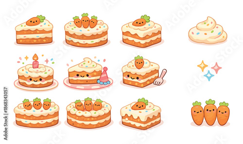 Cute carrot cake cartoon collection with faces and decorations