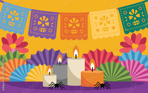 Vibrant celebration of cultural heritage with candles, flowers, and traditional banners in a festive atmosphere