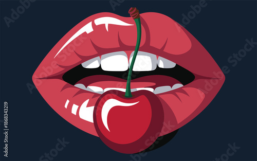A close-up of red lips biting a cherry, illustration of seduction and desire