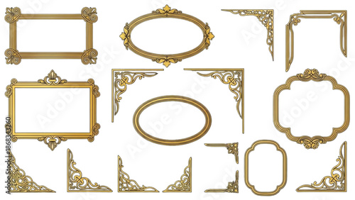 Ornate gold picture frames and borders on a white background