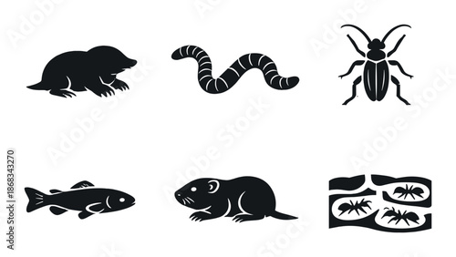Silhouette icons of mole, worm, cockroach, fish, rat, and ants on dark background