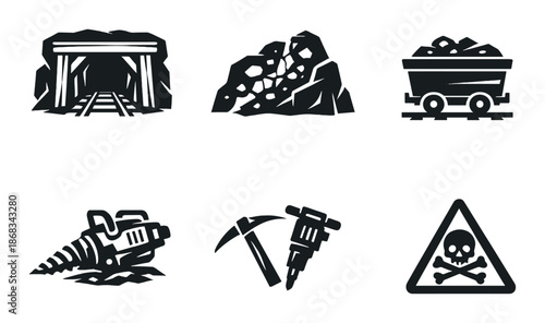 Mining icons: tunnel, rocks, cart, drill, pickaxe, warning sign