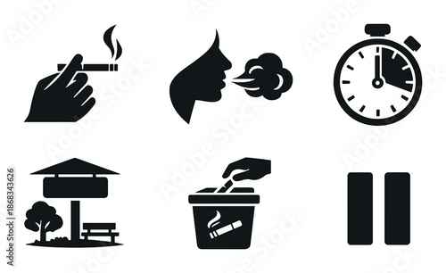 Dark themed icons: smoking, timer, recycling, nature, pause, exhaling