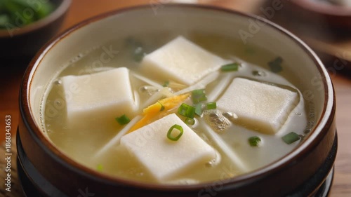 Wallpaper Mural A bowl of tofu soup with green onions and ginger on a wooden table Torontodigital.ca